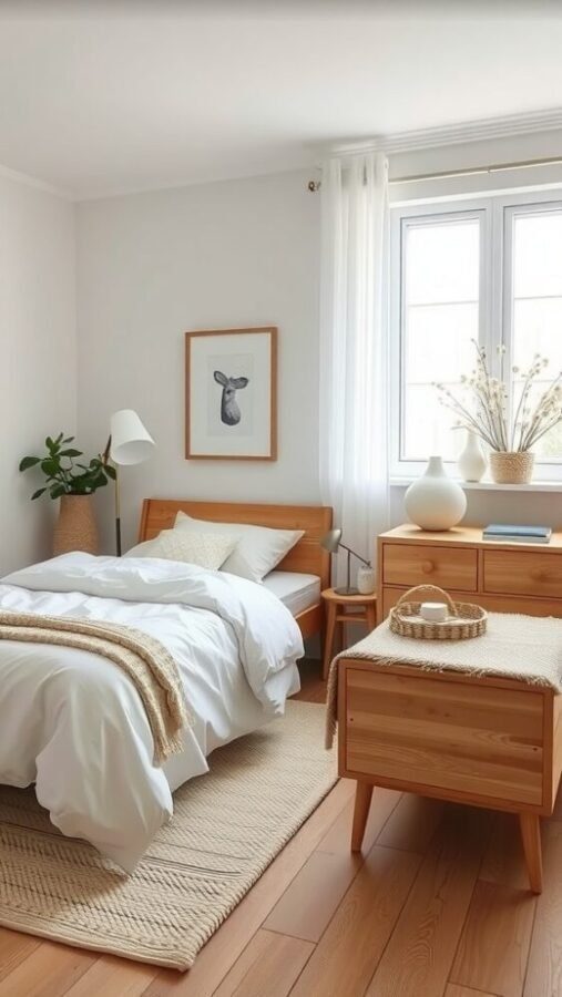 45 Inspiring Bedroom Ideas for Every Style 4 A minimalist Scandinavian bedroom with wooden furniture, white linens, and a peaceful ambiance.