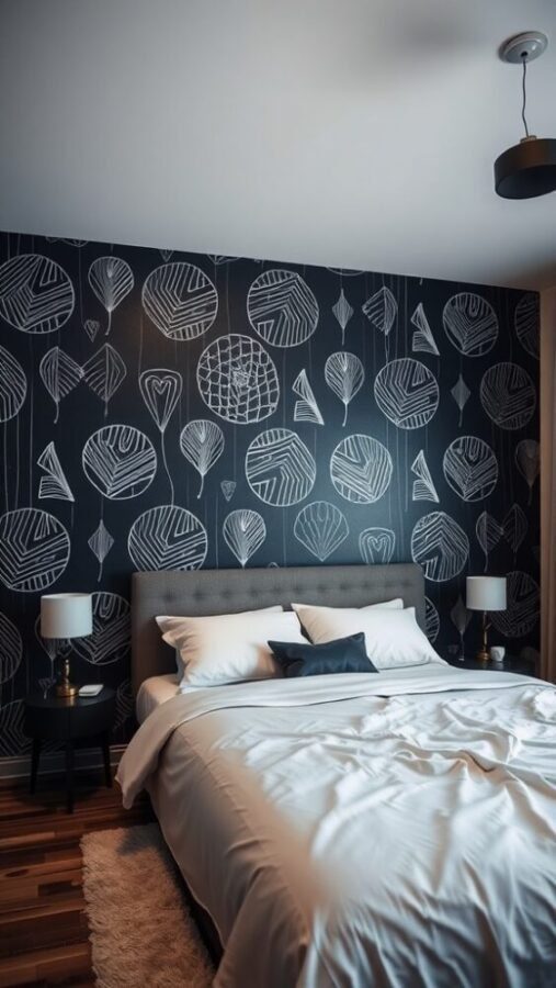 30 Stylish Black Bedroom Ideas 19 Bedroom featuring modern black wallpaper with white designs, cozy bed, and soft lighting