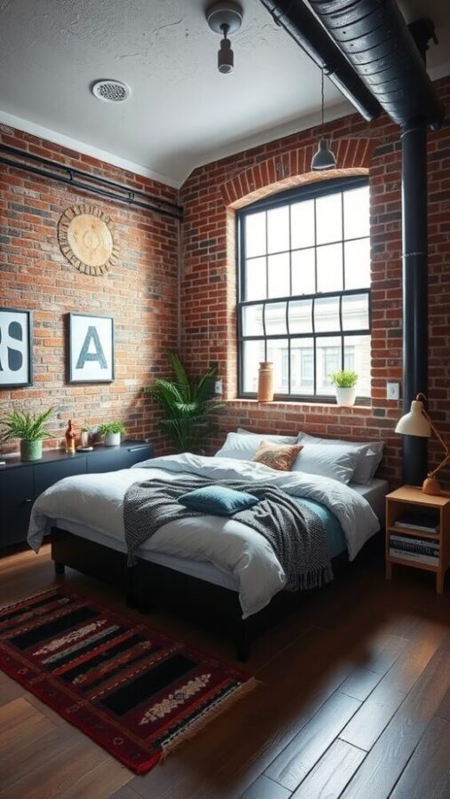 45 Inspiring Bedroom Ideas for Every Style 3 A modern industrial loft bedroom featuring exposed brick walls, large windows, and cozy furnishings.