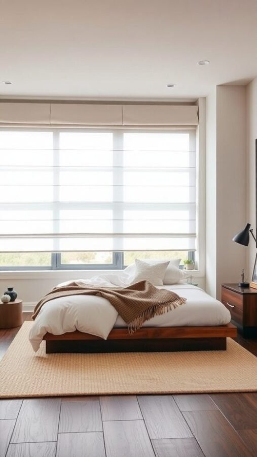 31 Stunning Curtain Ideas to Transform Your Bedroom 24 A modern bedroom featuring Roman shades on large windows, showcasing a cozy bed with a brown throw blanket.