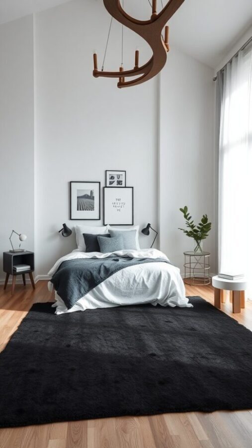 30 Stylish Black Bedroom Ideas 5 A cozy bedroom with a black rug, white bedding, and modern decor.