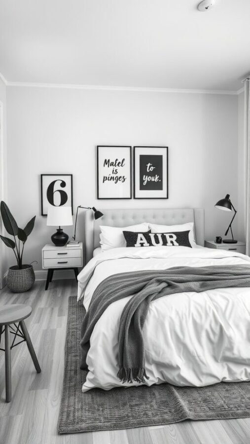 45 Inspiring Bedroom Ideas for Every Style 10 A monochrome bedroom featuring a cozy bed with white bedding, decorative pillows, and a throw blanket, accented by minimalist artwork and a potted plant.