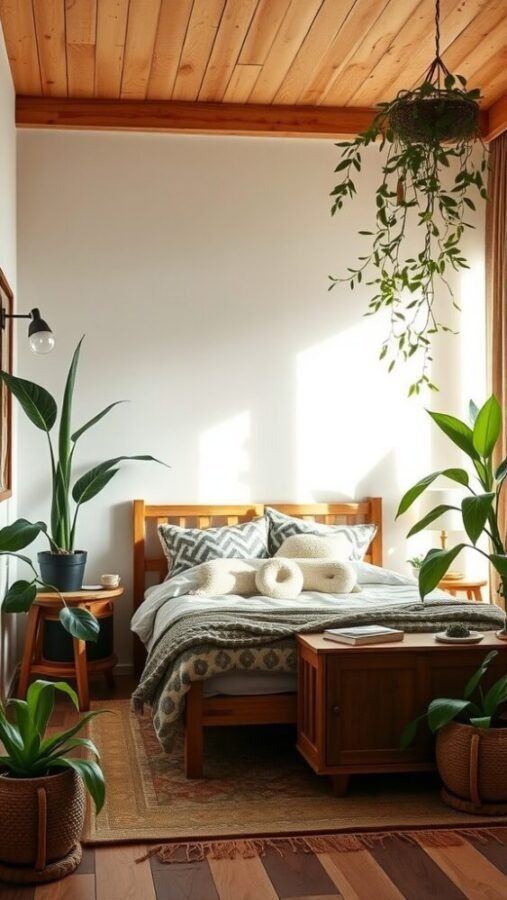 45 Inspiring Bedroom Ideas for Every Style 17 A cozy nature-inspired bedroom with wooden ceiling, plants, and soft linens.