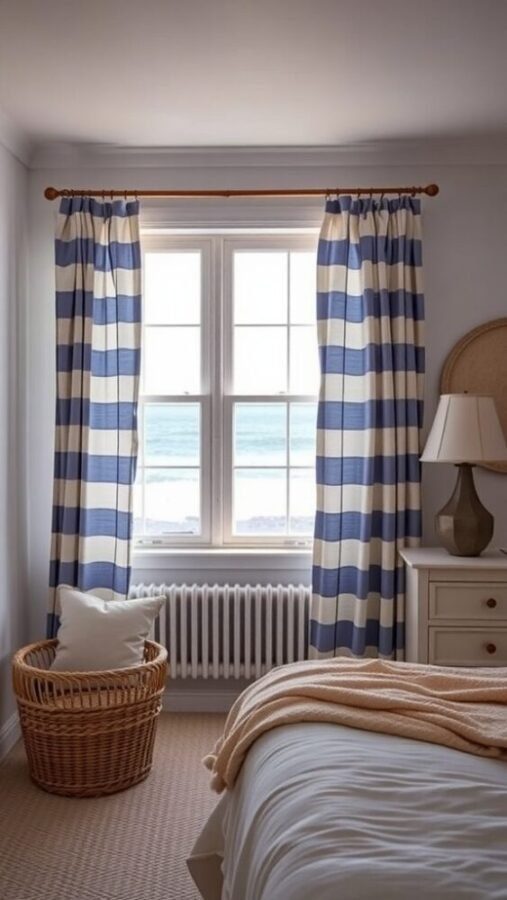 31 Stunning Curtain Ideas to Transform Your Bedroom 11 A cozy bedroom with nautical striped curtains framing a window, a woven basket, and soft bedding.