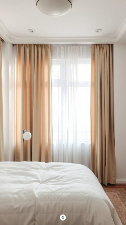 31 Stunning Curtain Ideas to Transform Your Bedroom 25 A serene bedroom featuring beige and cream curtains with a white bedspread.