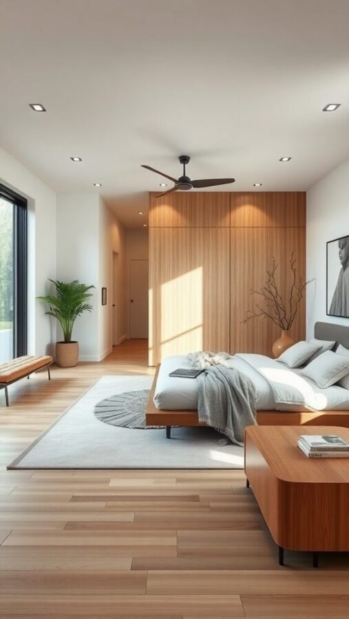 45 Inspiring Bedroom Ideas for Every Style 30 A modern open concept bedroom with wooden accents and natural light.