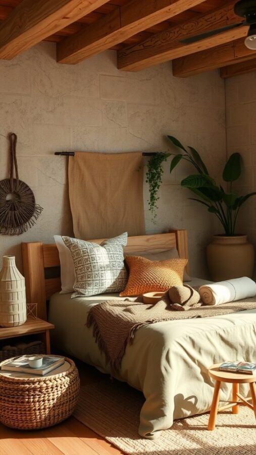 45 Inspiring Bedroom Ideas for Every Style 38 A cozy bedroom with wooden beams, earthy tones, and plants, showcasing outdoor-inspired decor.