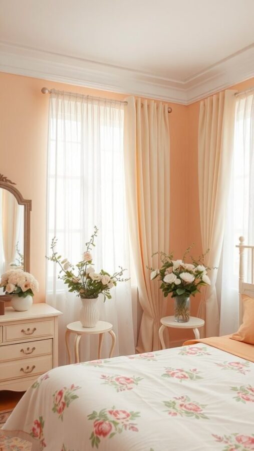 A cozy bedroom with pastel peach walls, floral bedding, and elegant decor.