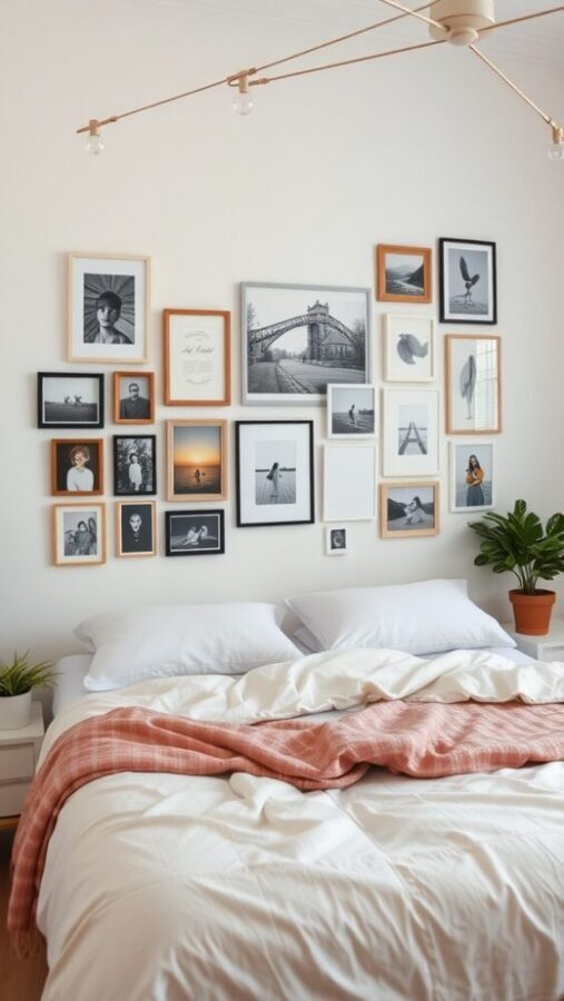 45 Inspiring Bedroom Ideas for Every Style 20 A bedroom with a gallery wall of framed photos and artworks above a neatly made bed.