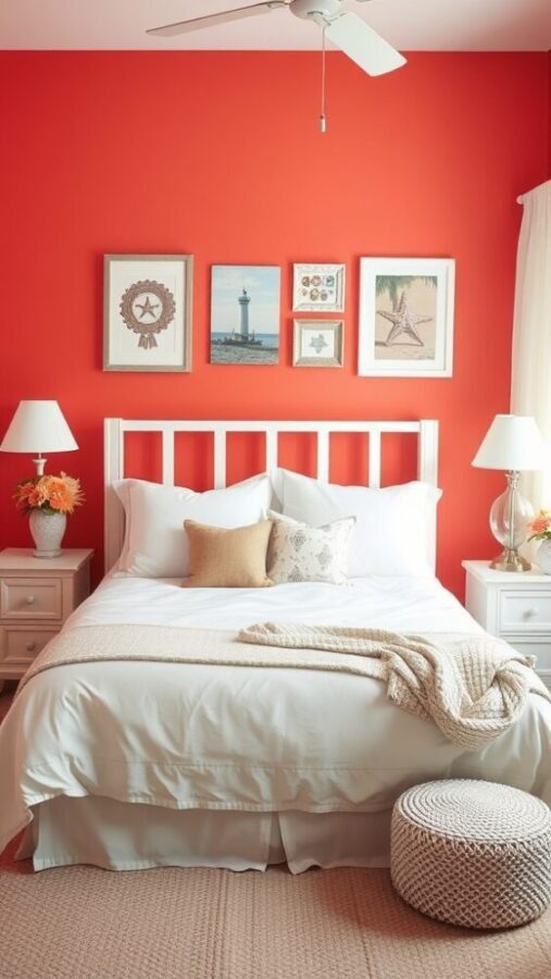A bright coral bedroom with white bedding and coastal-themed artwork.