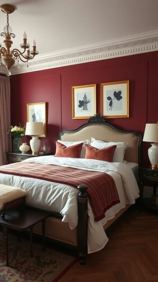 A cozy bedroom featuring burgundy walls, cream bedding, and elegant decor.