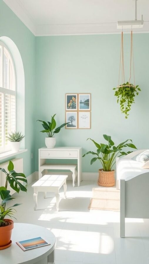A bright mint green bedroom with white furniture and plants.