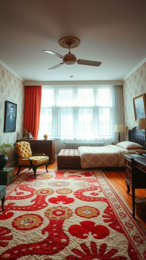 45 Inspiring Bedroom Ideas for Every Style 28 A retro 70s themed bedroom with patterned rug, vintage furniture, and bright curtains