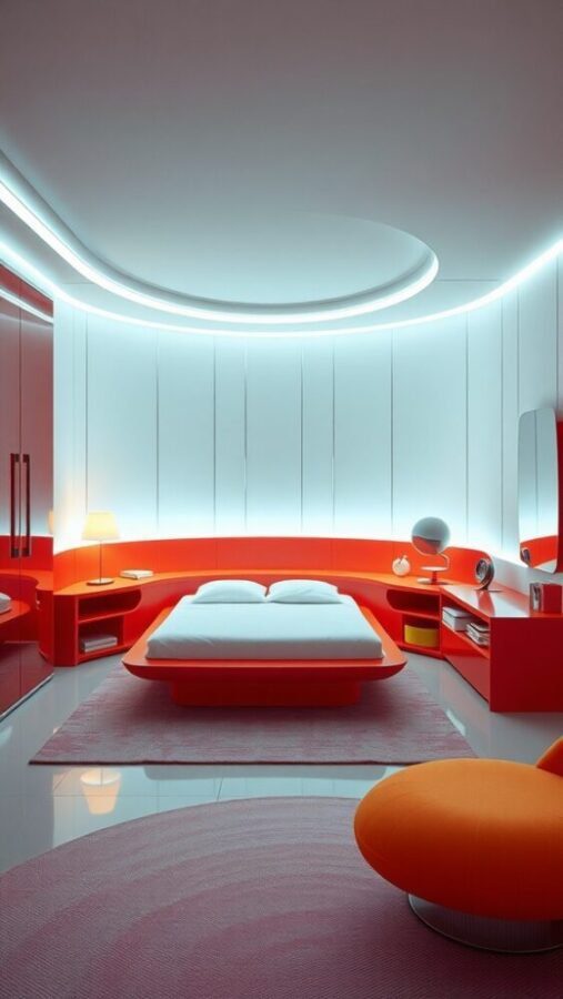45 Inspiring Bedroom Ideas for Every Style 32 A bright red retro futuristic bedroom with a rounded bed, curved furniture, and soft lighting.
