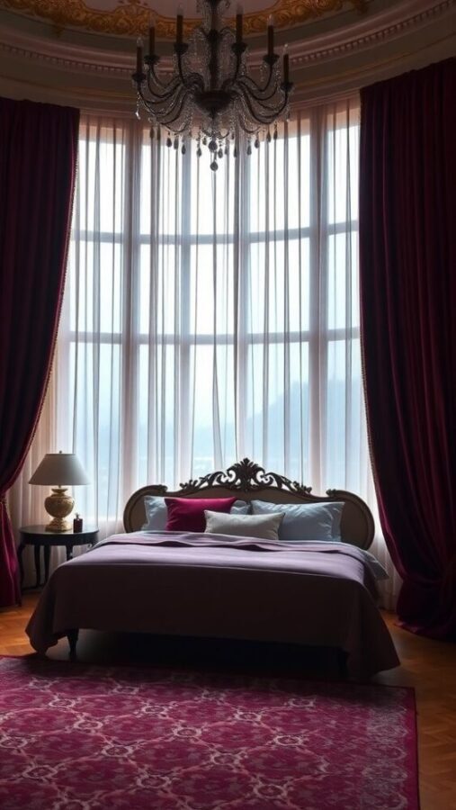 31 Stunning Curtain Ideas to Transform Your Bedroom 21 Elegant bedroom with rich jewel tone curtains and a cozy bed.