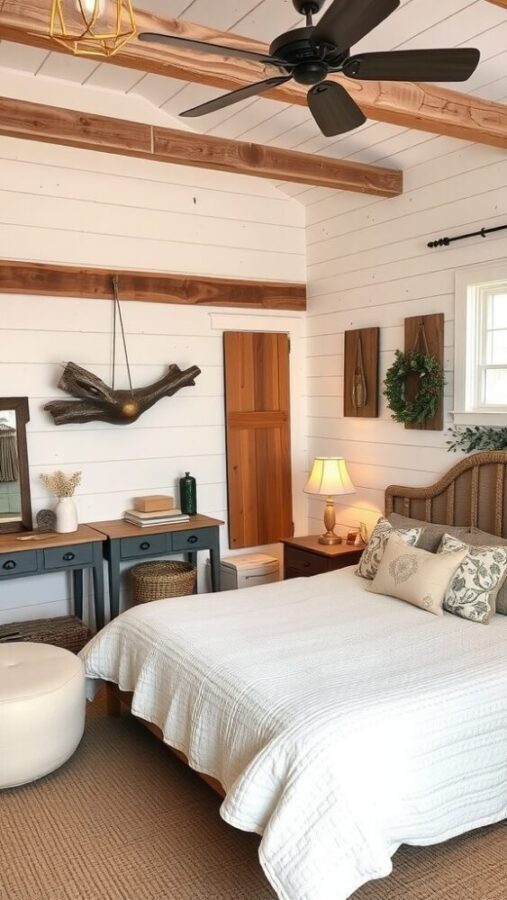 45 Inspiring Bedroom Ideas for Every Style 8 A cozy rustic farmhouse bedroom with white walls, wooden beams, a bed with white quilt, and charming decor.