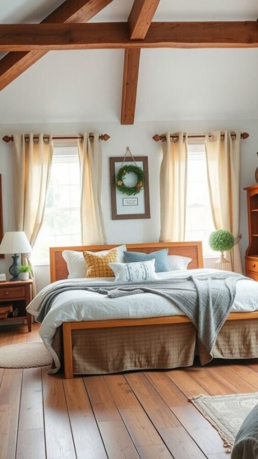 31 Stunning Curtain Ideas to Transform Your Bedroom 4 A cozy bedroom featuring rustic linen curtains, wooden furniture, and warm decor.