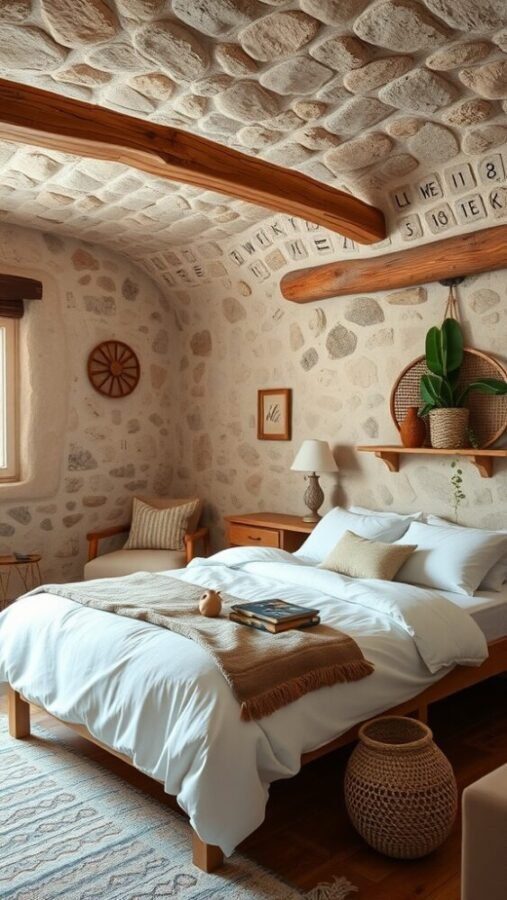 A cozy bedroom featuring rustic sandstone walls, wooden beams, and warm furniture.