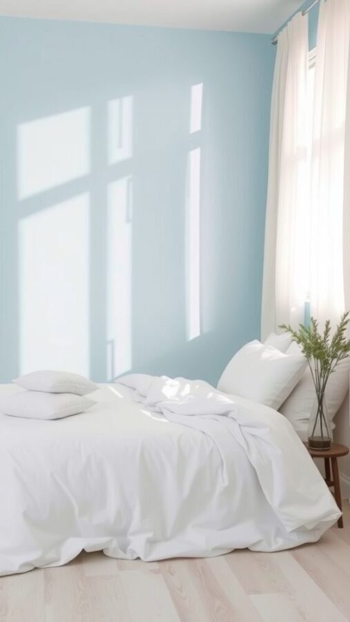 A serene bedroom with sky blue walls, white bedding, natural light, and a small plant.