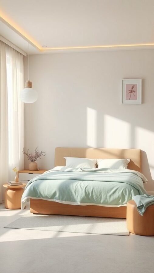 45 Inspiring Bedroom Ideas for Every Style 40 A serene bedroom with soft colors, a cozy bed, and natural light, creating a spa-like environment.