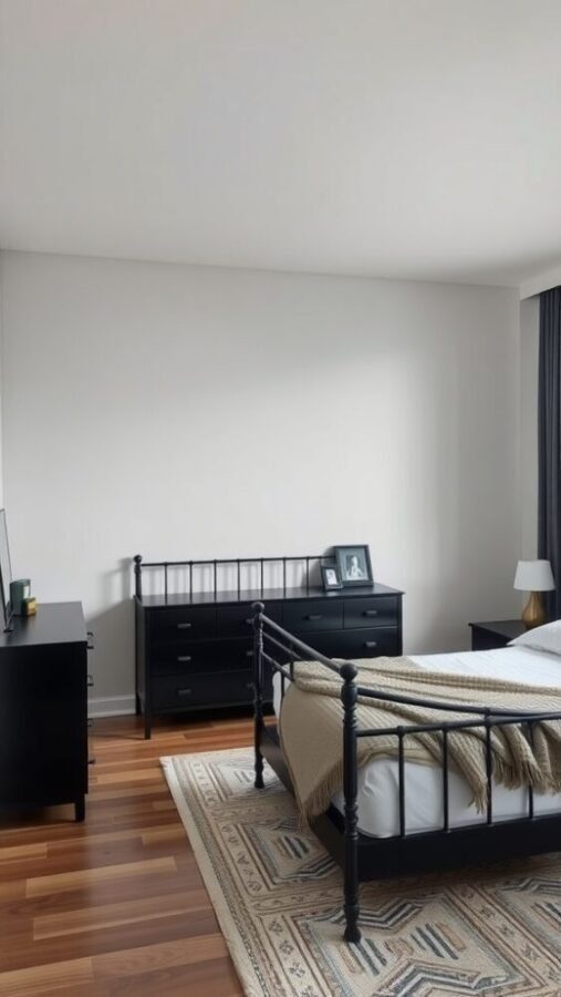 30 Stylish Black Bedroom Ideas 4 A modern bedroom featuring a black bed frame, nightstand, and dresser, with wood flooring and a patterned rug.