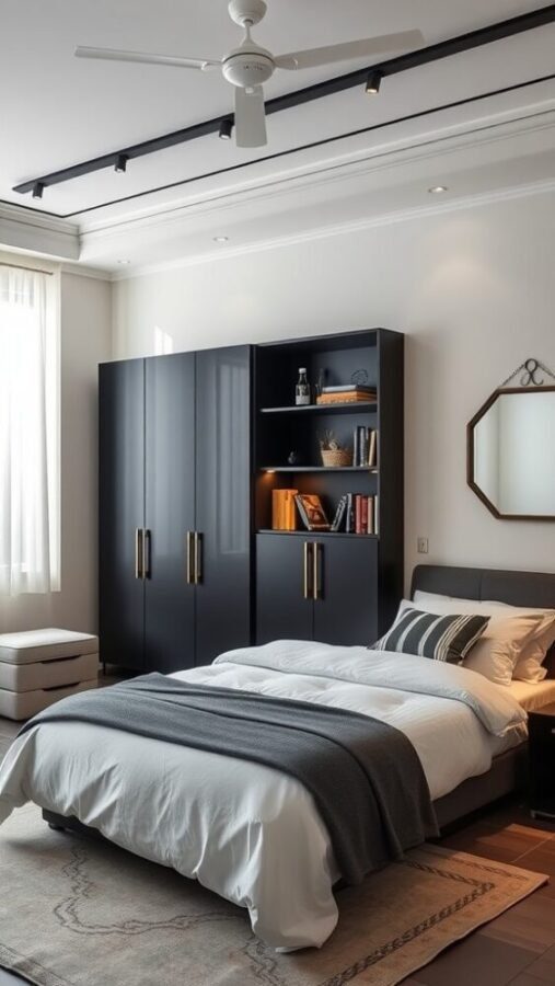 30 Stylish Black Bedroom Ideas 30 A modern bedroom featuring a sleek black wardrobe, cozy bed, and stylish decor.