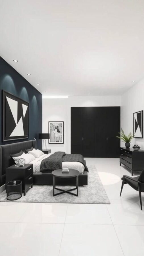 45 Inspiring Bedroom Ideas for Every Style 44 A modern black and white bedroom with a tufted headboard, geometric artwork, and minimalistic furnishings.