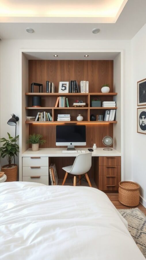 45 Inspiring Bedroom Ideas for Every Style 16 A sleek modern workspace in a bedroom featuring a wooden shelf, white desk, comfortable chair, and stylish decor.