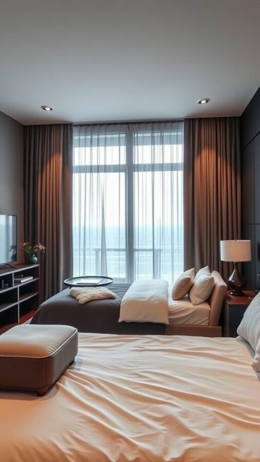 31 Stunning Curtain Ideas to Transform Your Bedroom 26 A stylish bedroom with large windows adorned with light-filtering curtains, featuring a cozy atmosphere.