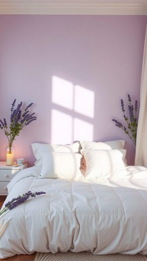 Cozy bedroom with soft lavender walls and white bedding, accented by lavender flowers.
