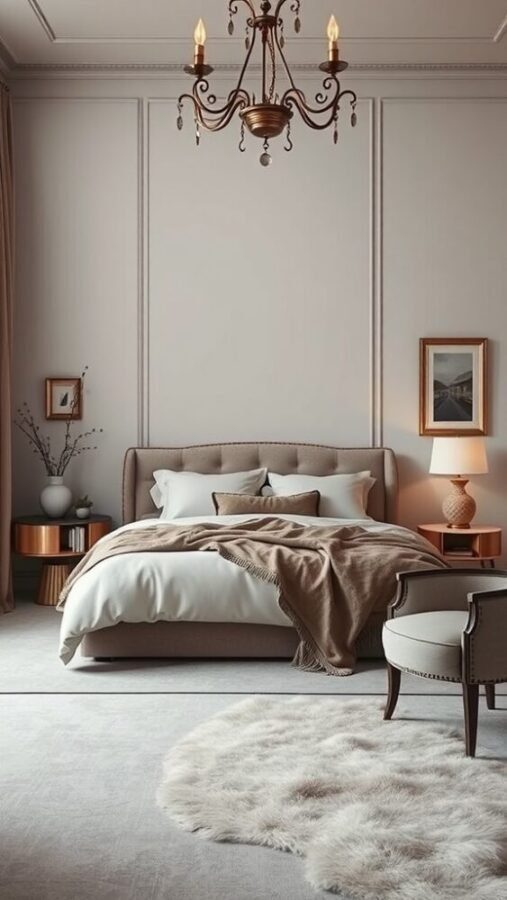 45 Inspiring Bedroom Ideas for Every Style 24 A sophisticated neutral bedroom with beige walls, plush bedding, elegant chandelier, and cozy decor.