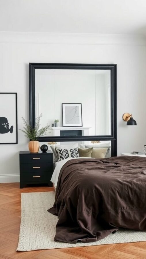 30 Stylish Black Bedroom Ideas 16 A modern bedroom featuring a large black mirror, dark bedding, and stylish decor.