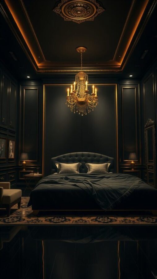 Elegant bedroom featuring black walls and gold accents, with plush bedding and a chandelier.