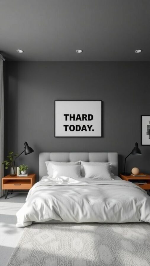 A stylish bedroom featuring slate gray walls, white bedding, and warm wooden nightstands.