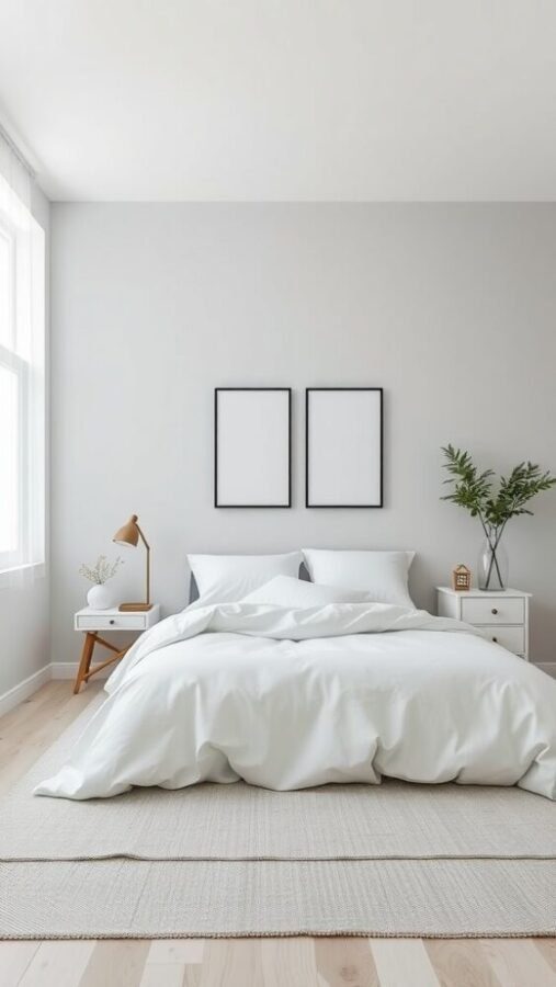 A minimalist bedroom featuring gray walls, white bedding, light wood flooring, and simple decor