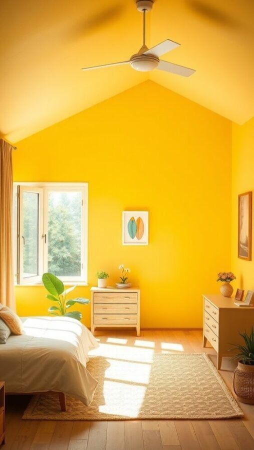 A bright and cheerful bedroom with sunshine yellow walls and natural light.