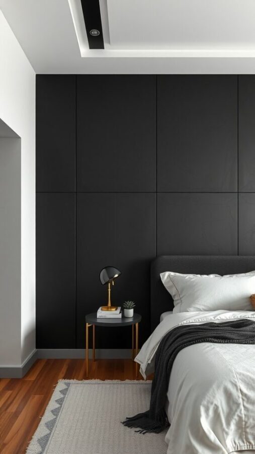 30 Stylish Black Bedroom Ideas 28 A modern bedroom featuring textured black wall panels, light bedding, and stylish decor.