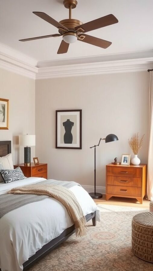 45 Inspiring Bedroom Ideas for Every Style 34 A cozy bedroom with transitional design elements, featuring a blend of traditional wooden furniture and modern decor.