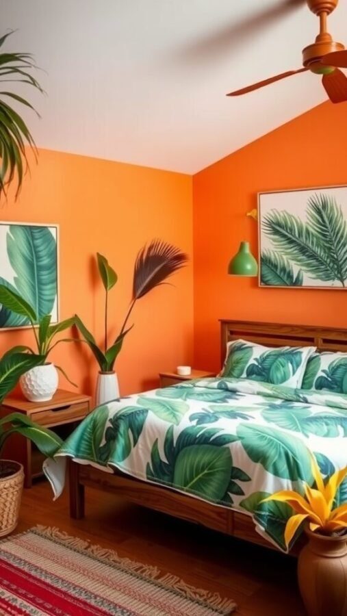 45 Inspiring Bedroom Ideas for Every Style 11 Vibrant tropical-themed bedroom with orange walls and leafy bedding