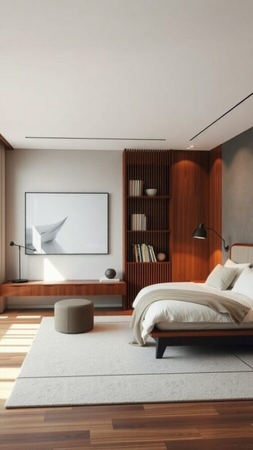 45 Inspiring Bedroom Ideas for Every Style 42 A stylish bedroom featuring a bed, wooden shelving, natural light, and minimal decor.