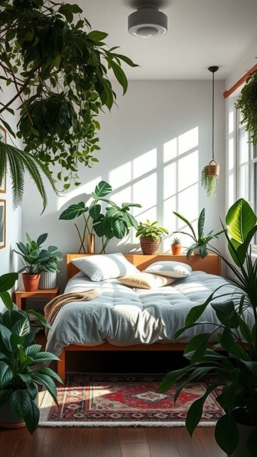 45 Inspiring Bedroom Ideas for Every Style 31 A cozy bedroom filled with various indoor plants, featuring a simple bed and warm sunlight filtering through the windows.