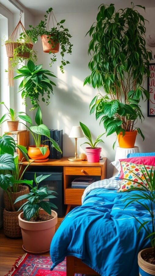 A bedroom with an Urban Jungle theme featuring various plants, blue bedding, and wooden furniture.
