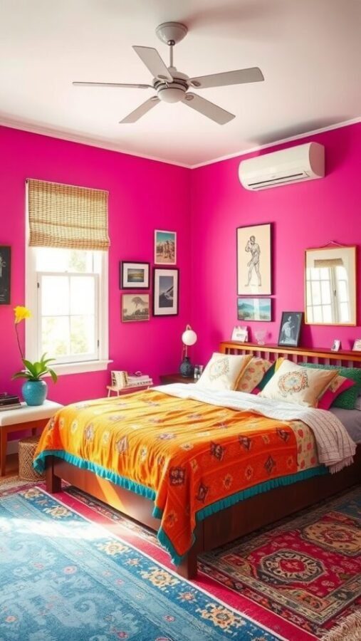 A bright fuchsia bedroom with orange blanket, colorful decor, and natural light.
