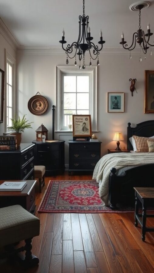 30 Stylish Black Bedroom Ideas 20 A cozy bedroom featuring vintage black furniture, warm wooden floors, and decorative accents.