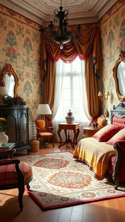 45 Inspiring Bedroom Ideas for Every Style 2 A vintage glamour bedroom featuring floral wallpaper, plush seating, and elegant decor