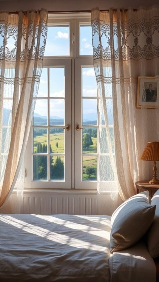 31 Stunning Curtain Ideas to Transform Your Bedroom 10 A cozy bedroom with vintage lace curtains, showing a view of a green landscape outside.