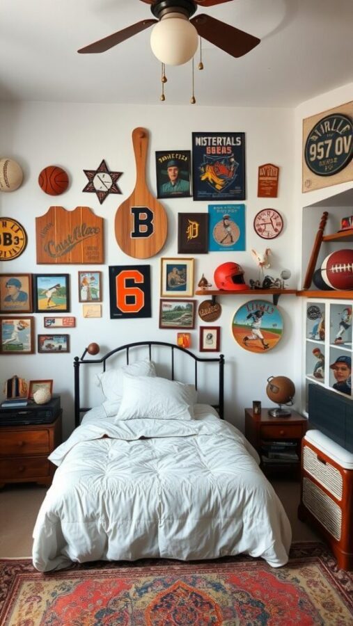 A bedroom with a vintage sports memorabilia display on the wall, featuring various sports items and framed pictures.