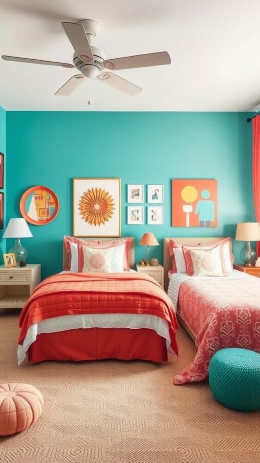 A bright bedroom featuring turquoise walls and coral accents in the bedding and decor.