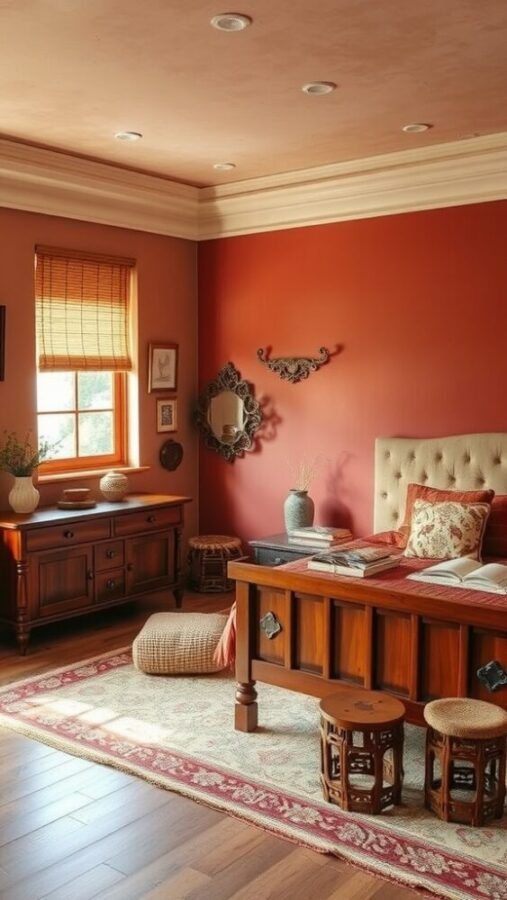 Cozy bedroom with terracotta accent wall, wooden furniture, and warm decor elements
