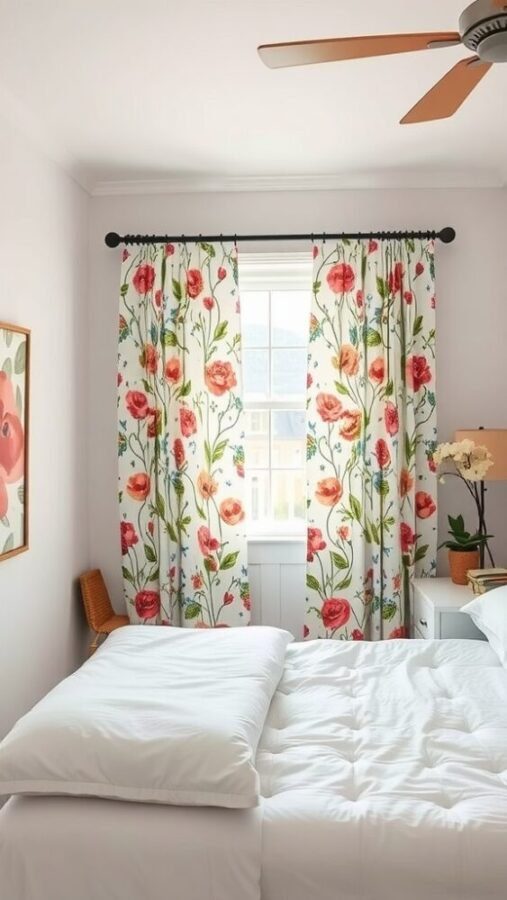 31 Stunning Curtain Ideas to Transform Your Bedroom 5 Bedroom with floral print curtains and white bedding